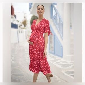 Seraphine Red Midi Floral Maternity + Nursing Dress